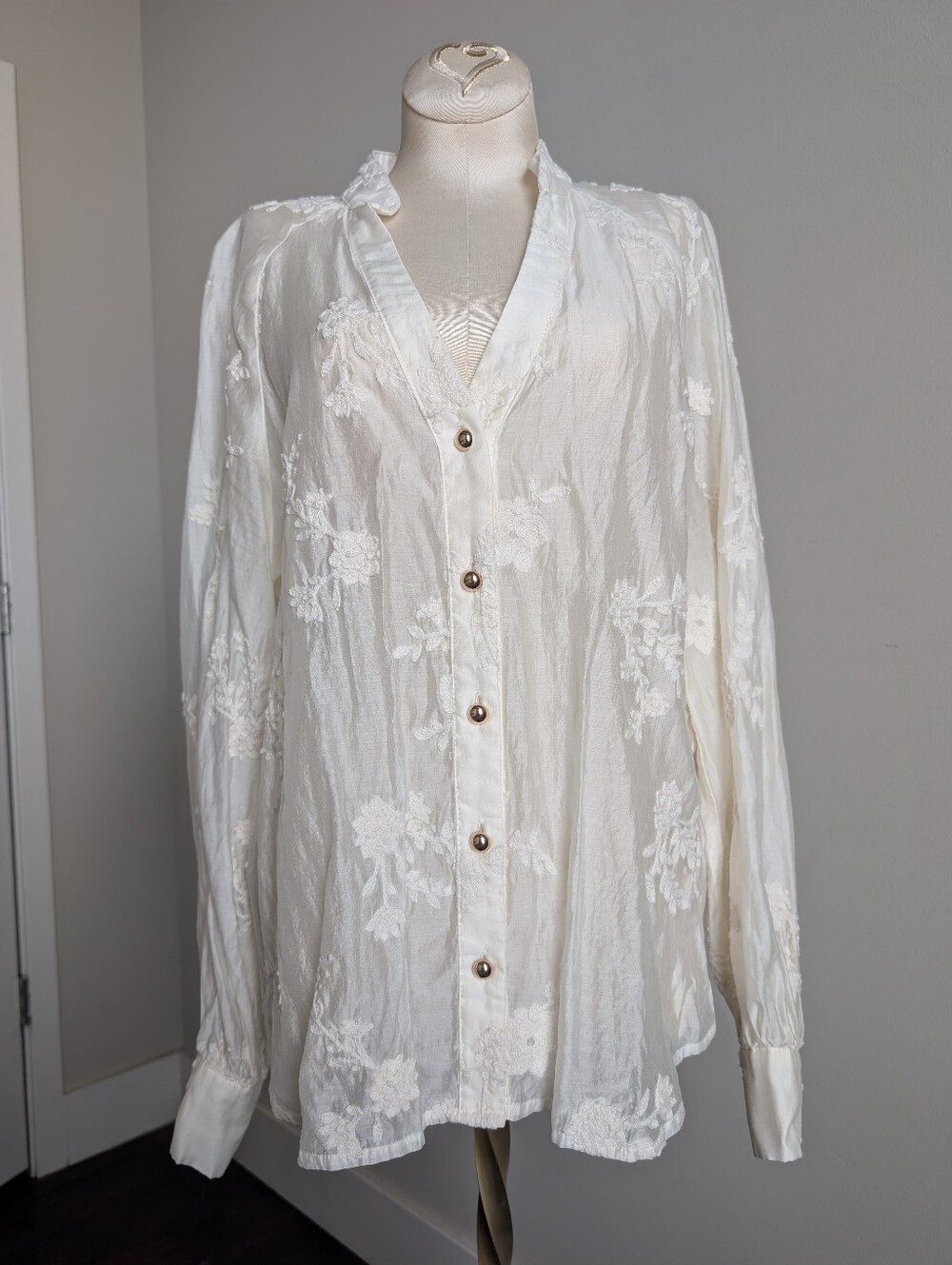 Semi Sheer Floral Embroidered Button-Front Blouse - Cream Off White Size S
